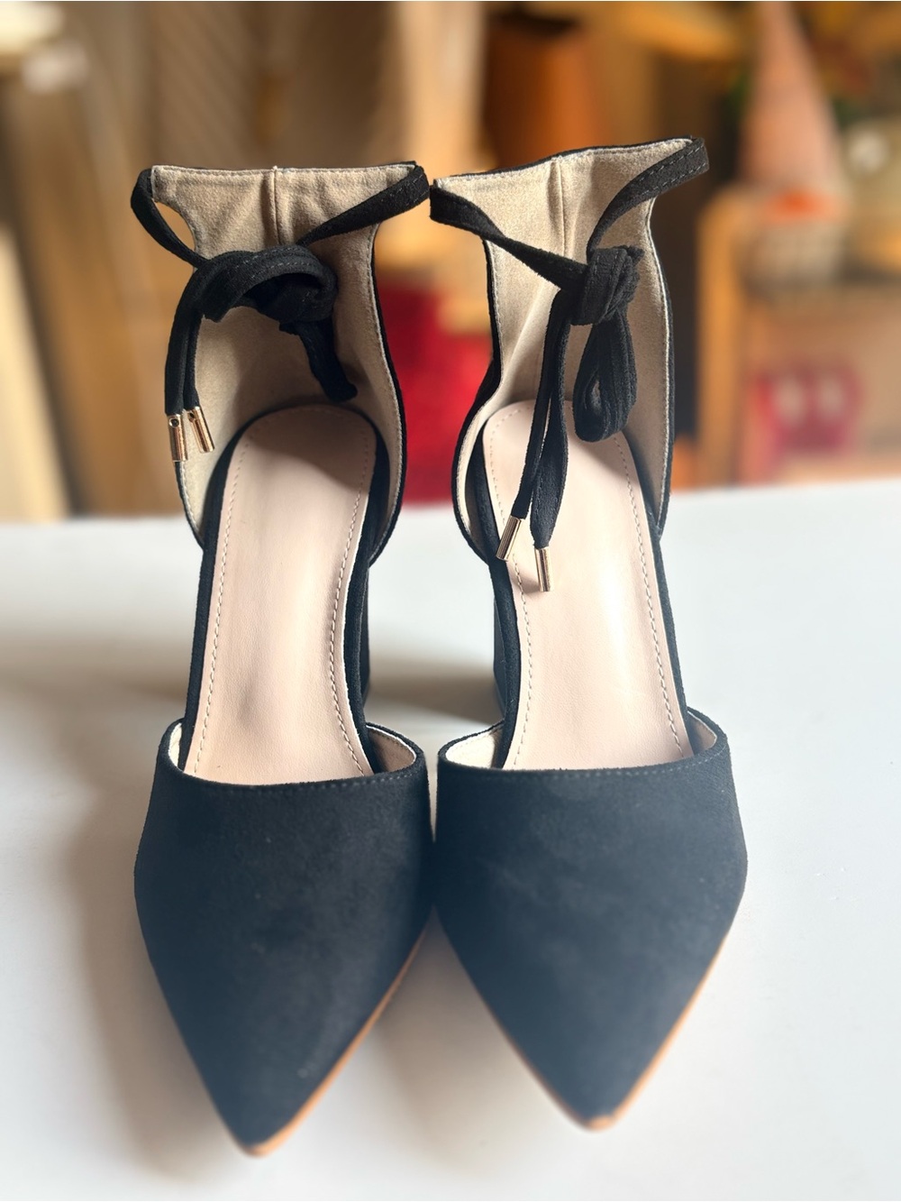 SHEIN Black Pointed-Toe Ankle Tie Heels